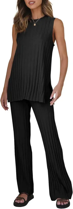 Tankaneo Two Pieces Outfits Sleeveless Top Knit Sets Trendy Lounge Long Pajamas Set