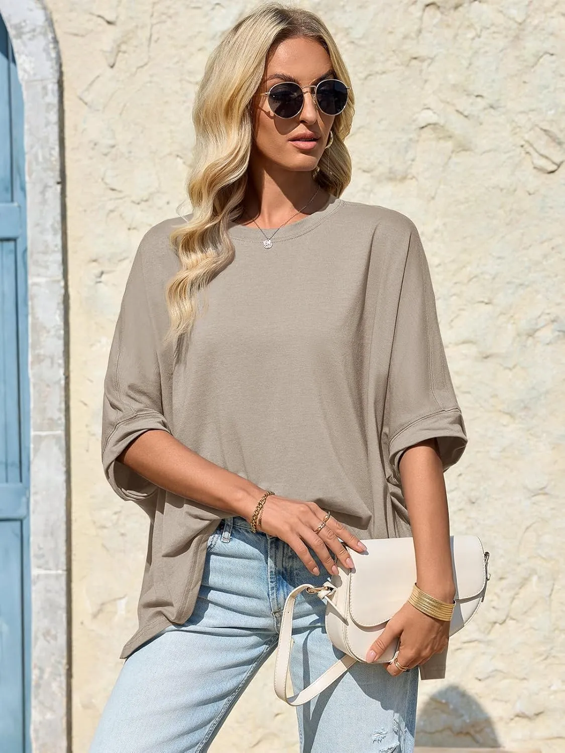 Tankaneo Womens Oversized Tshirts Batwing Short Sleeve Asymmetric Hem Tops Summer Casual Loose Fit Tunic Tee Shirts