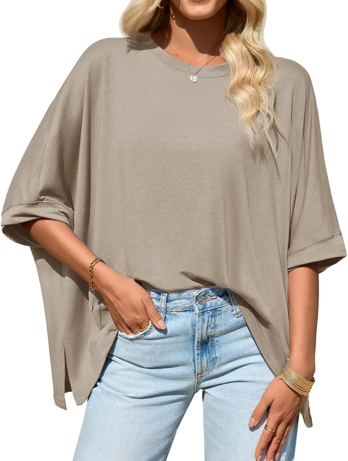 Tankaneo Womens Oversized Tshirts Batwing Short Sleeve Asymmetric Hem Tops Summer Casual Loose Fit Tunic Tee Shirts