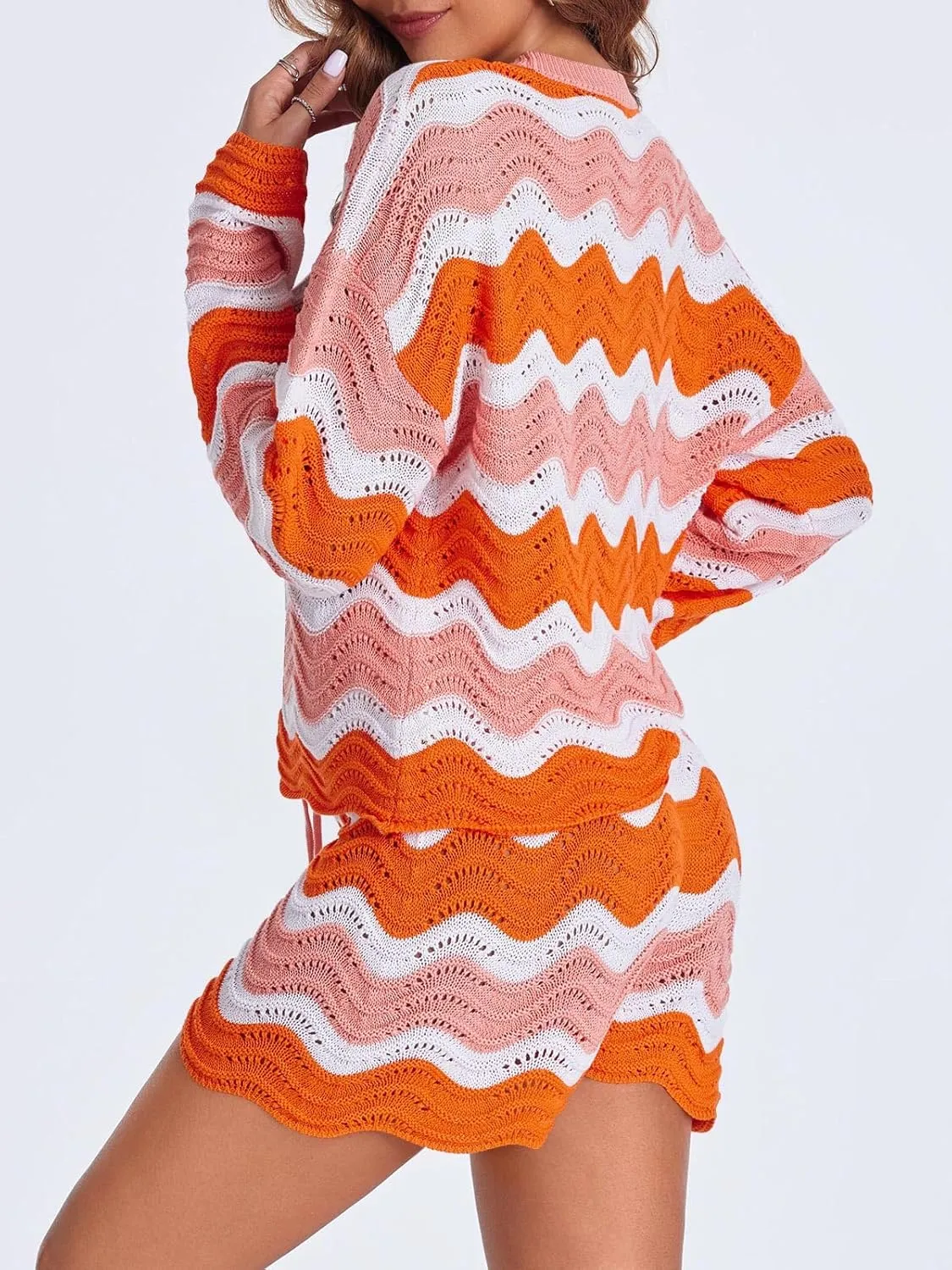 Tankaneo Womens Spring Sweater Set 2 piece Striped Lounge Sets Matching Pajamas Sets Long Sleeve Sweater Top and Shorts