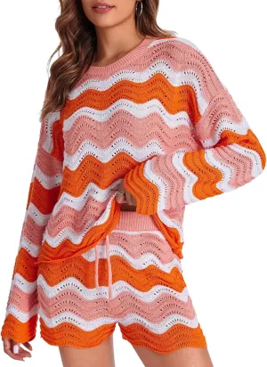 Tankaneo Womens Spring Sweater Set 2 piece Striped Lounge Sets Matching Pajamas Sets Long Sleeve Sweater Top and Shorts