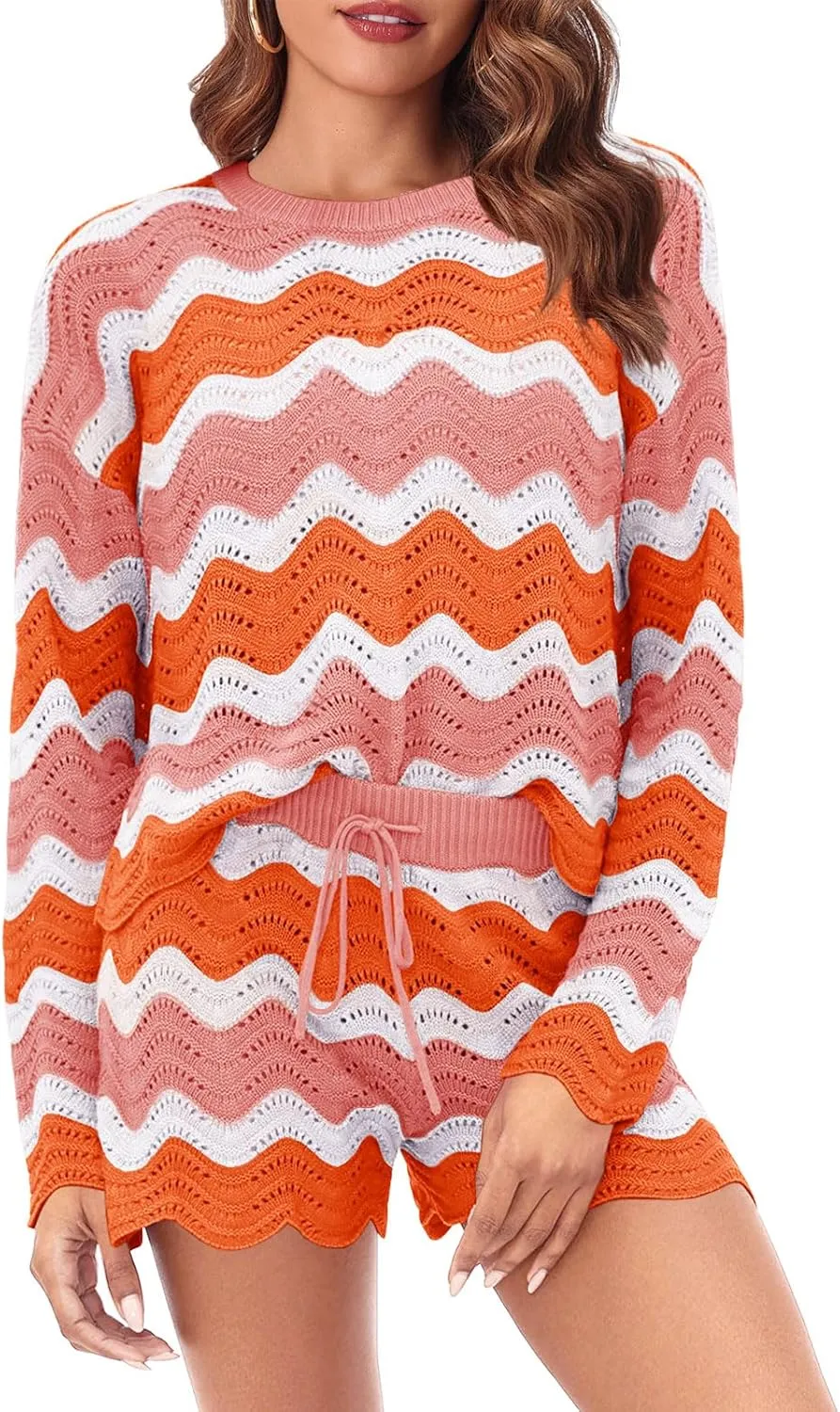 Tankaneo Womens Spring Sweater Set 2 piece Striped Lounge Sets Matching Pajamas Sets Long Sleeve Sweater Top and Shorts