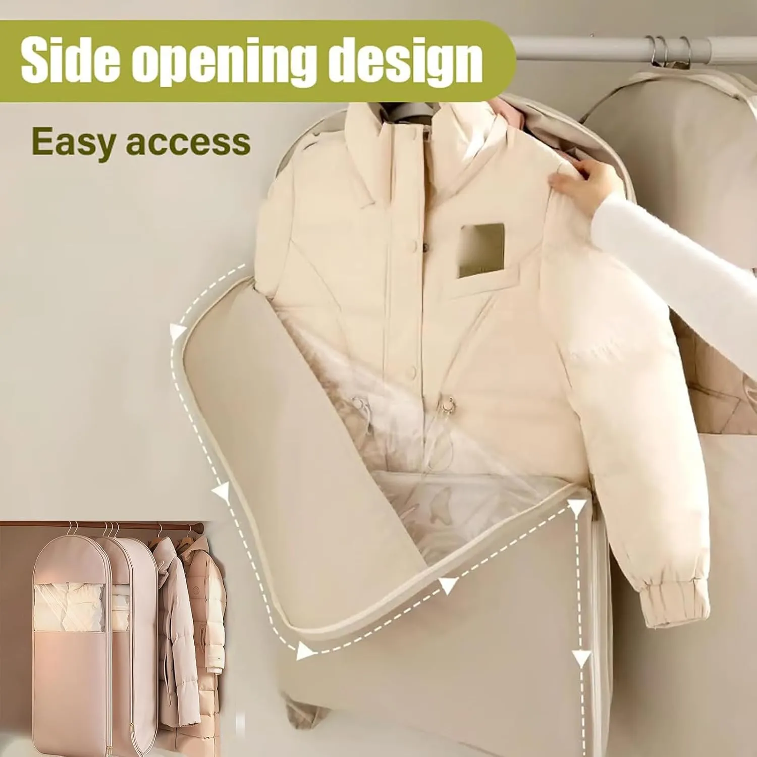Taprinferior Hanging Garment Bag, 2025 Space Saving Hanging Garment Bag with Self Compression Zipper, Tapinterior Garment Bags, Winter Coat Storage (Beige, M)