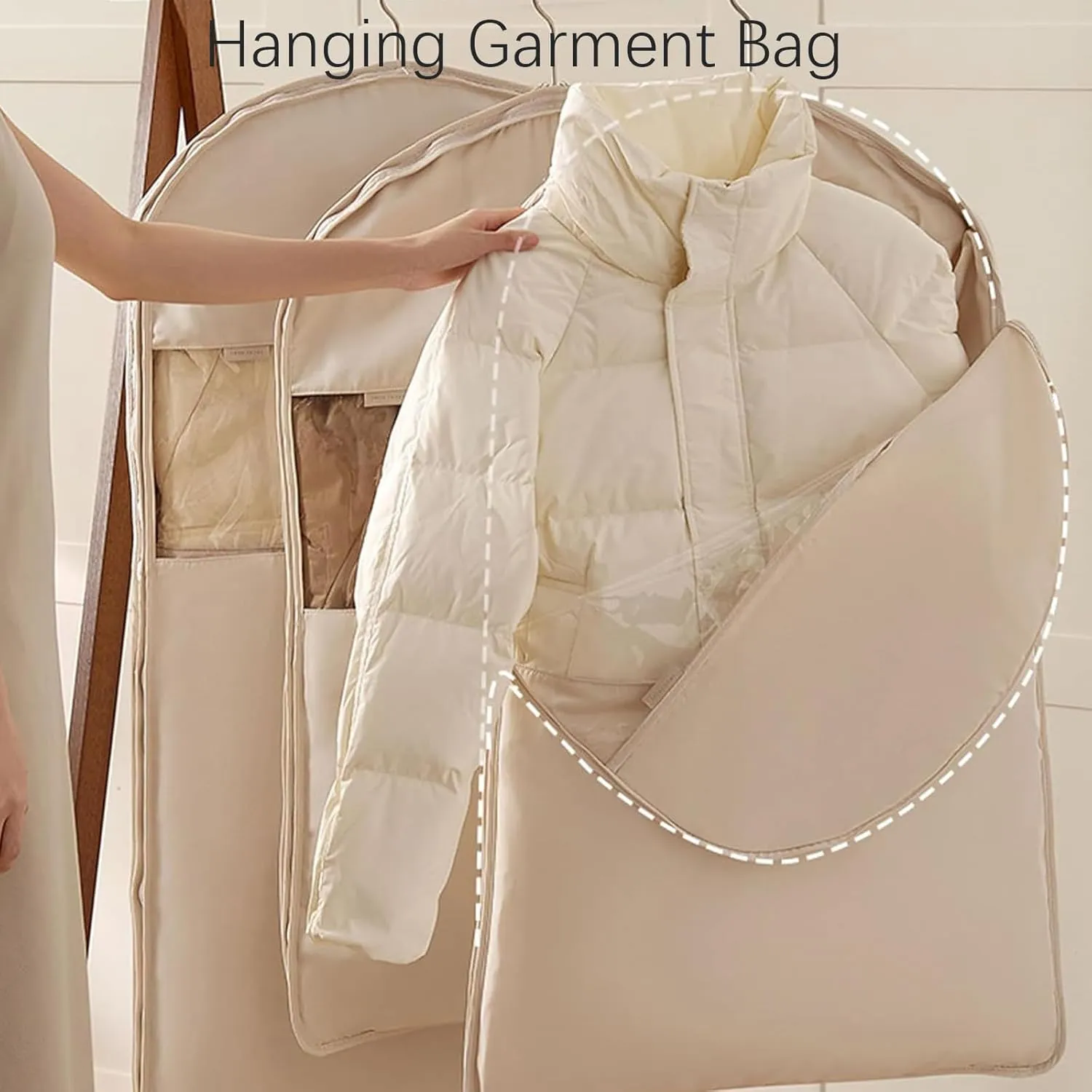 Taprinferior Hanging Garment Bag, 2025 Space Saving Hanging Garment Bag with Self Compression Zipper, Tapinterior Garment Bags, Winter Coat Storage (Beige, M)