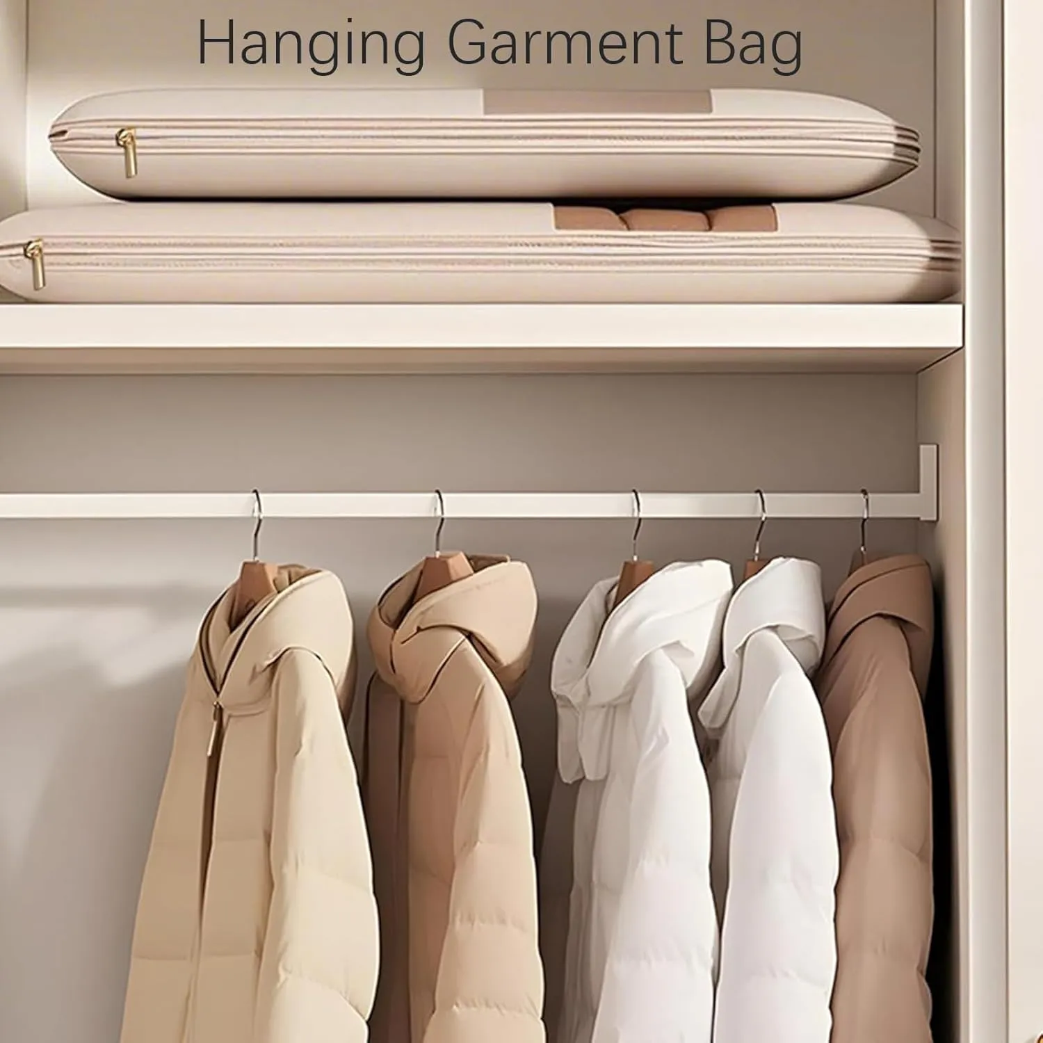 Taprinferior Hanging Garment Bag, 2025 Space Saving Hanging Garment Bag with Self Compression Zipper, Tapinterior Garment Bags, Winter Coat Storage (Beige, M)