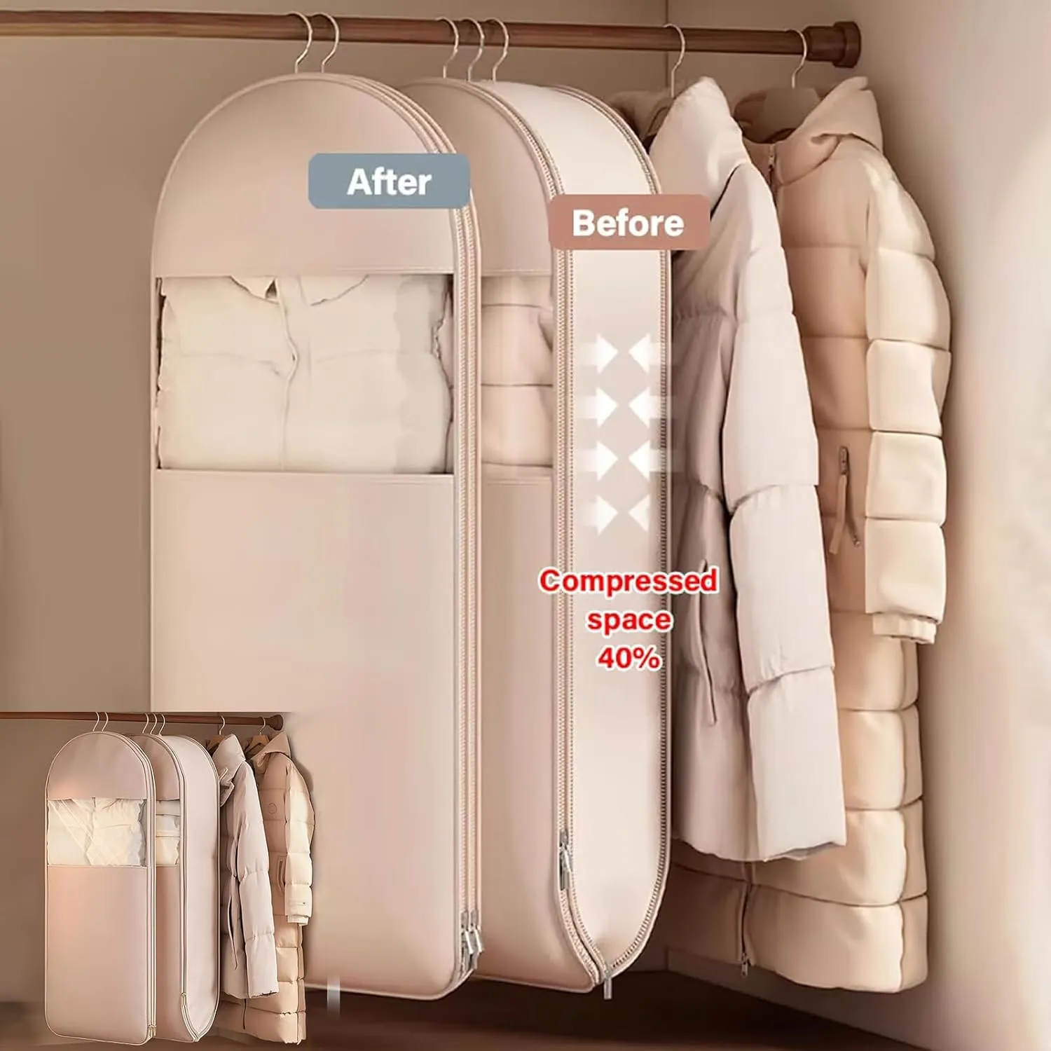 Taprinferior Hanging Garment Bag, 2025 Space Saving Hanging Garment Bag with Self Compression Zipper, Tapinterior Garment Bags, Winter Coat Storage (Beige, M)