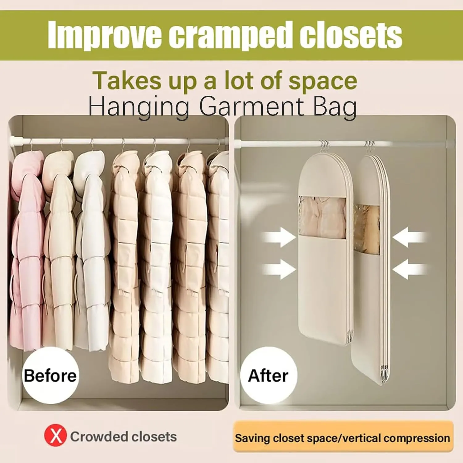 Taprinferior Hanging Garment Bag, 2025 Space Saving Hanging Garment Bag with Self Compression Zipper, Tapinterior Garment Bags, Winter Coat Storage (Beige, M)