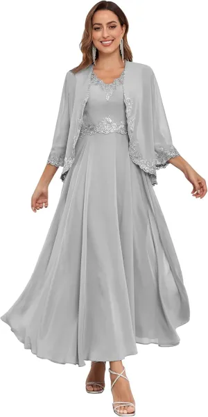 Tea Length 2 Pieces Mother of The Bride Dress with Jacket 3/4 Sleeve Lace Chiffon Evening Formal Dresses for Wedding