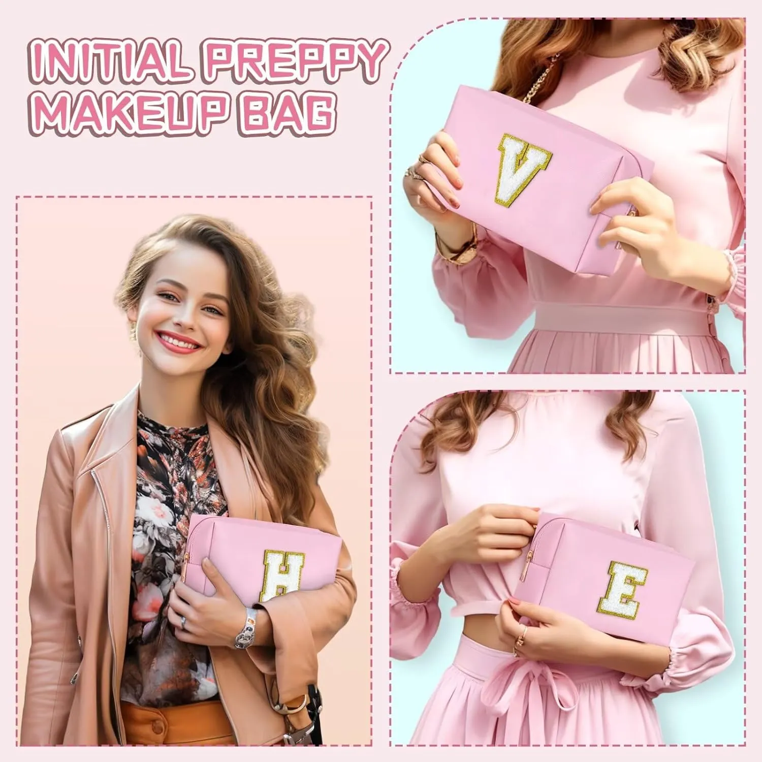 TOPEAST Initial Makeup Bags for Women, Personalized Portable Cosmetic Bag for Travel, Cute Makeup Pouch, PU Leather Waterproof Toiletry Bag, Preppy Things for Girl (Pink V)
