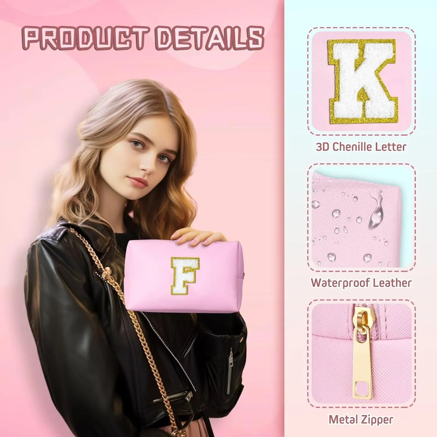 TOPEAST Initial Makeup Bags for Women, Personalized Portable Cosmetic Bag for Travel, Cute Makeup Pouch, PU Leather Waterproof Toiletry Bag, Preppy Things for Girl (Pink V)