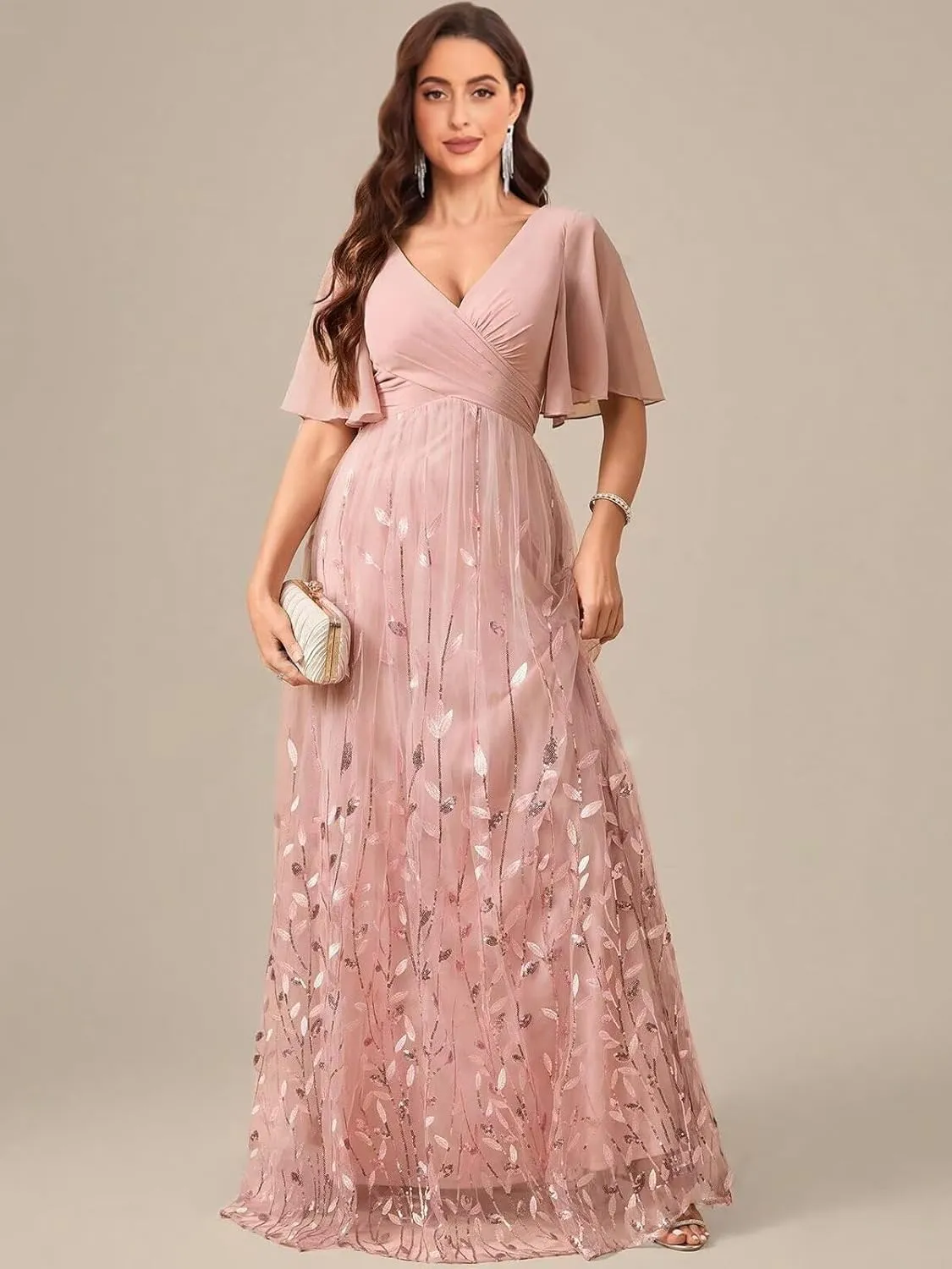 TORYEMY Sequin Short Sleeve Mother of The Bride Dresses for Women Formal Evening Gown Chiffon V Neck Wedding Guest Dress