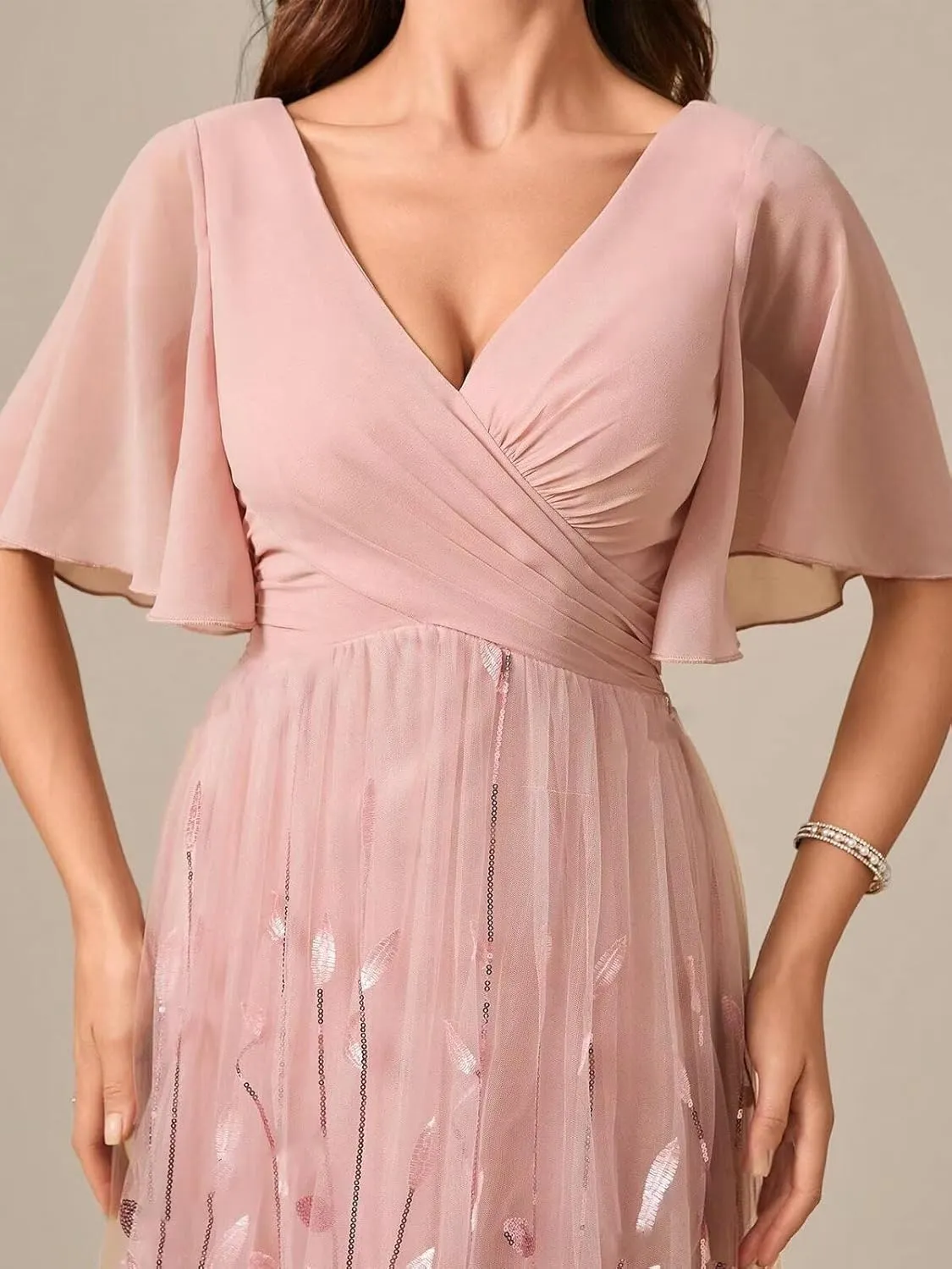 TORYEMY Sequin Short Sleeve Mother of The Bride Dresses for Women Formal Evening Gown Chiffon V Neck Wedding Guest Dress