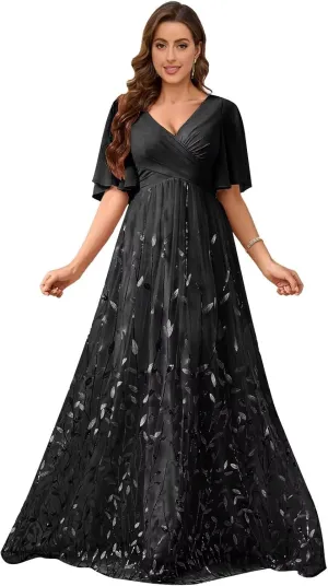 TORYEMY Sequin Short Sleeve Mother of The Bride Dresses for Women Formal Evening Gown Chiffon V Neck Wedding Guest Dress