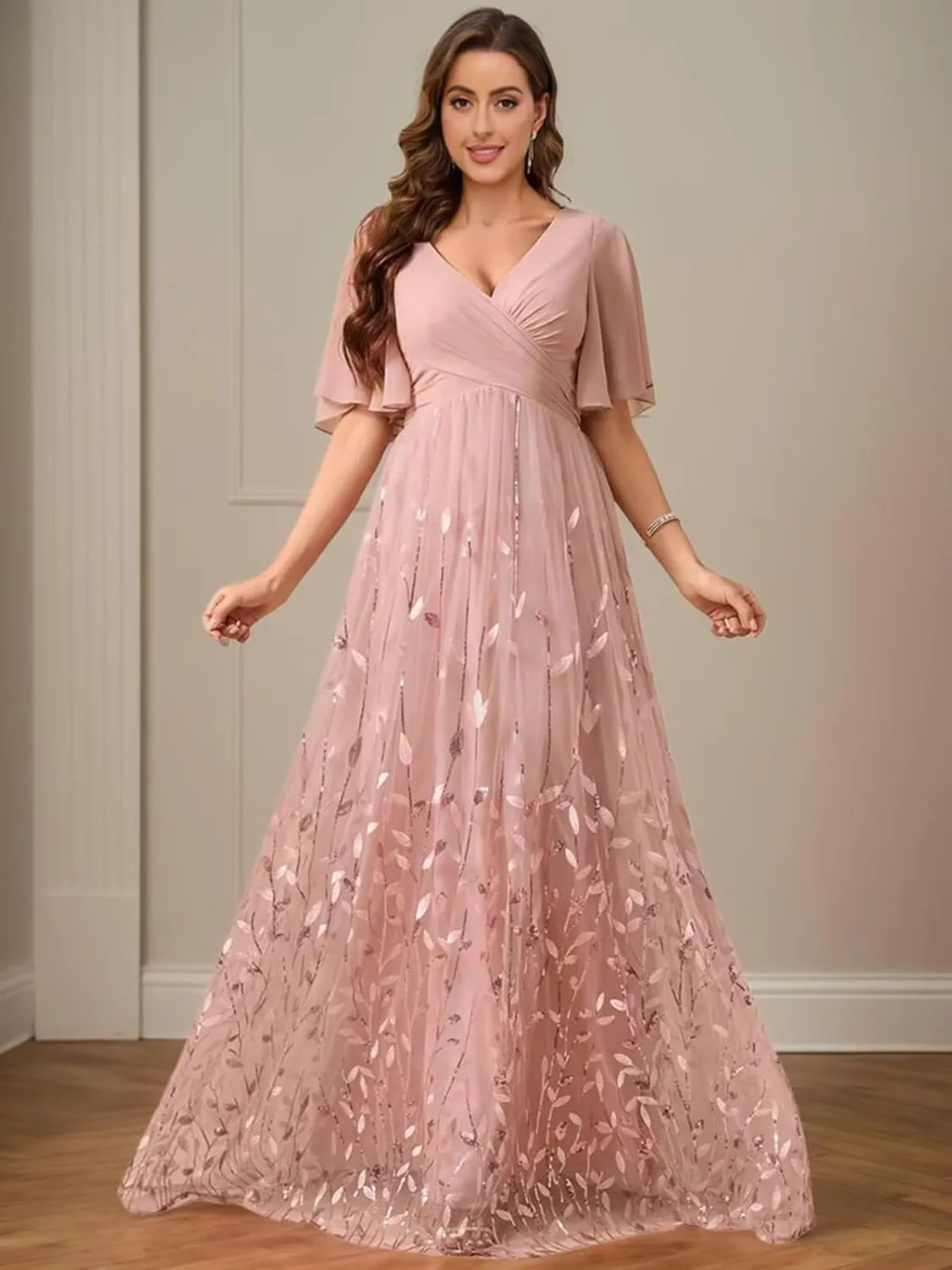 TORYEMY Sequin Short Sleeve Mother of The Bride Dresses for Women Formal Evening Gown Chiffon V Neck Wedding Guest Dress