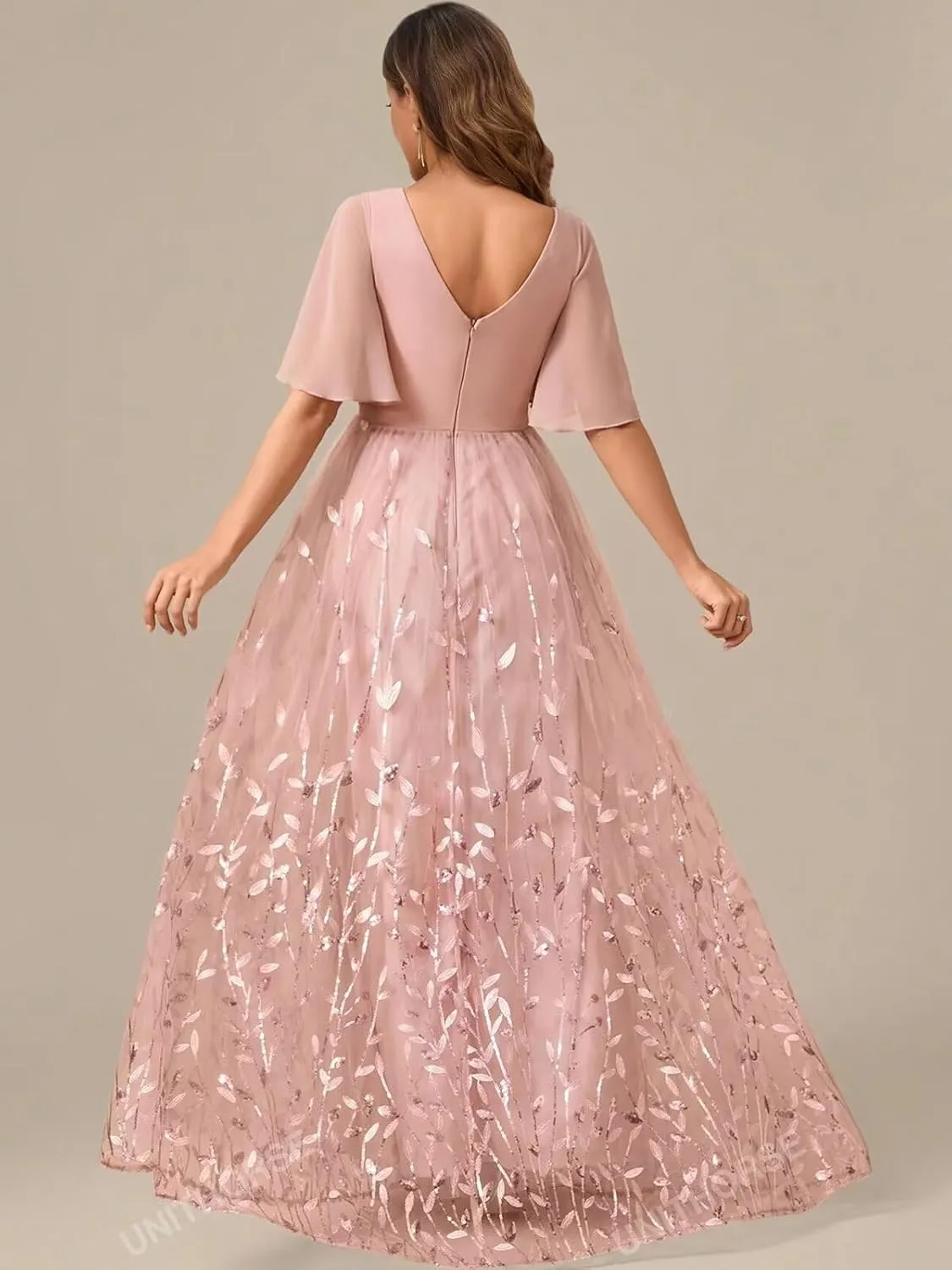 TORYEMY Sequin Short Sleeve Mother of The Bride Dresses for Women Formal Evening Gown Chiffon V Neck Wedding Guest Dress