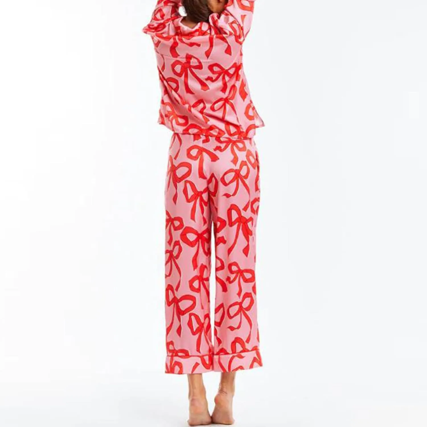 Tsultryofs Women Y2k Bow Pajama Set Two Piece Button Down Pj Outfits Cute Long Sleeve Shirt and Pant Matching Sets Sleepwear