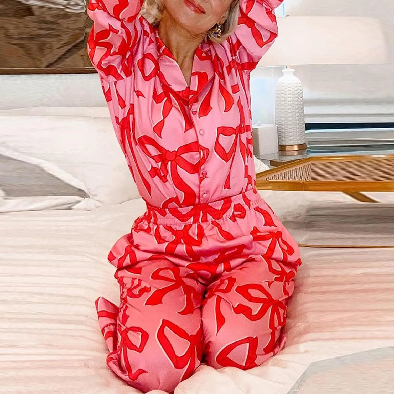 Tsultryofs Women Y2k Bow Pajama Set Two Piece Button Down Pj Outfits Cute Long Sleeve Shirt and Pant Matching Sets Sleepwear