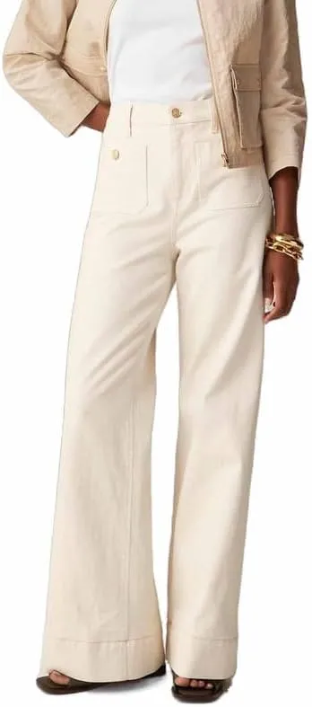 Tummy Control Sailor Wide Leg Trouser High Waisted Casual Straight Leg Jeans Buttoned Denim Pants with Pocket