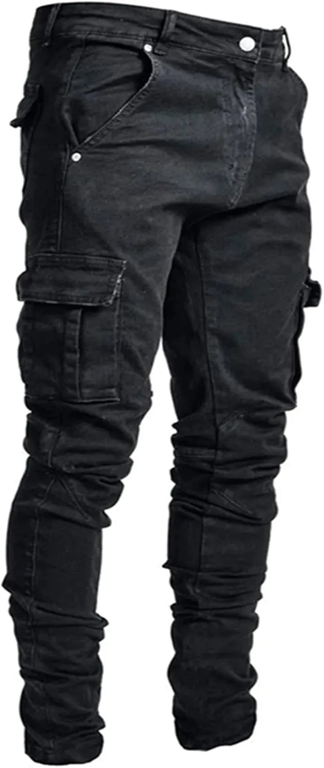 Uillui Men's Moto Biker Washed Distressed Jeans Straight Leg Slim Fit Jeans Pant 7 Pockets Stretch Denim Ripped Skinny Jeans