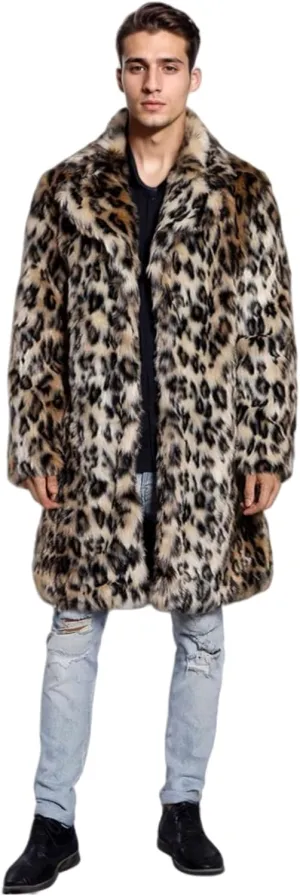 UMREN Men's Luxury Faux Fur Coat Jacket Winter Warm Long Coats Overwear Outwear (3X-Large, Leopard)