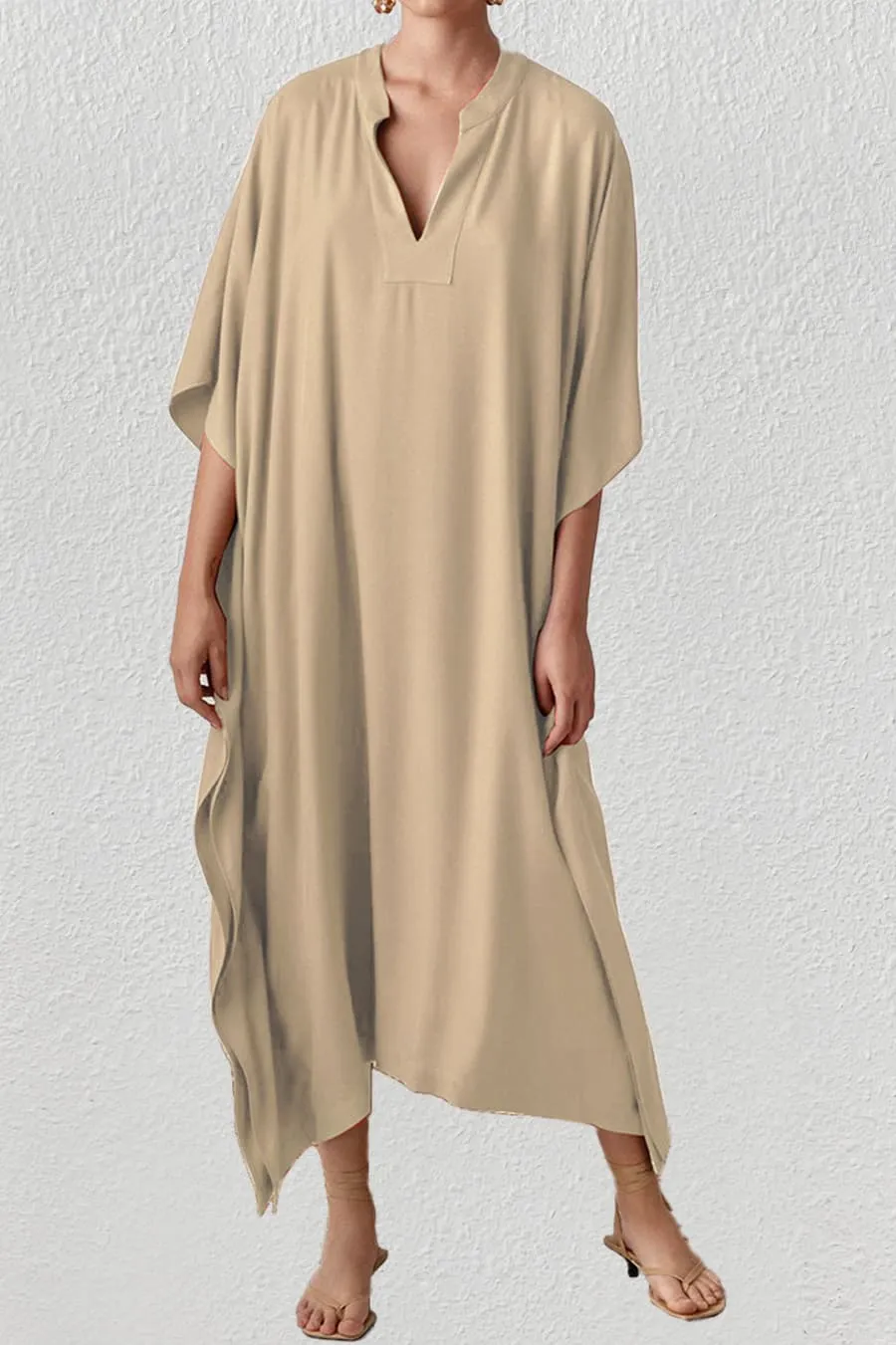 V Neck Beach Long White Kaftan Dress