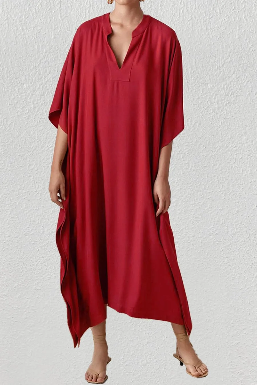 V Neck Beach Long White Kaftan Dress