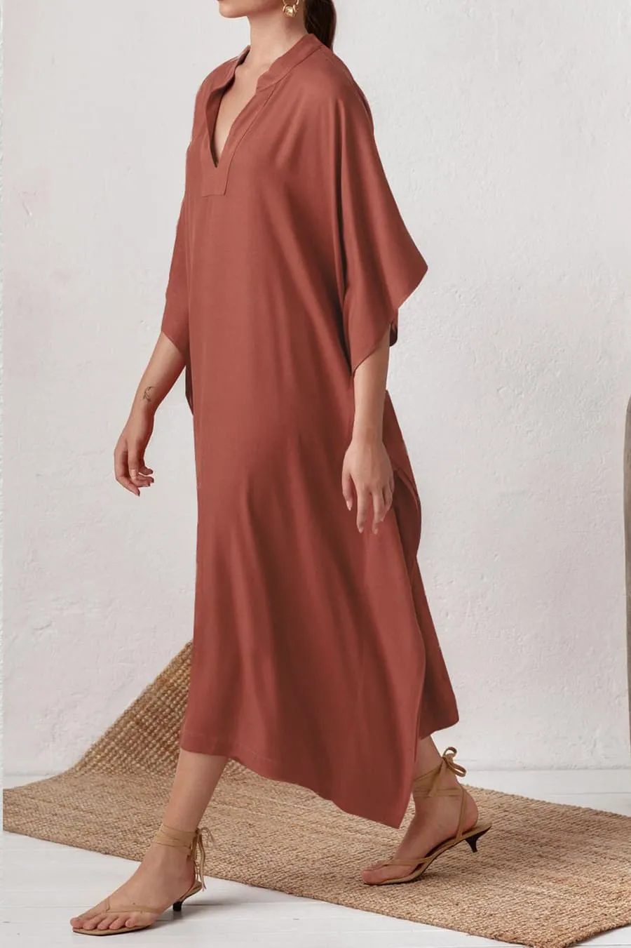 V Neck Beach Long White Kaftan Dress