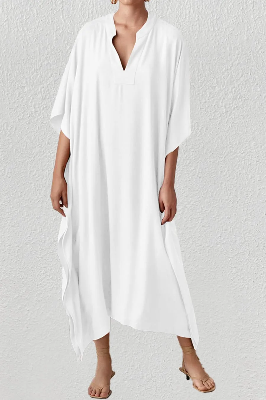 V Neck Beach Long White Kaftan Dress