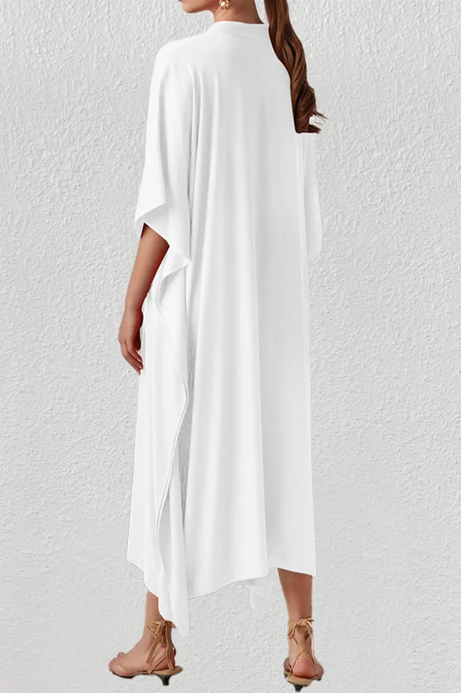 V Neck Beach Long White Kaftan Dress