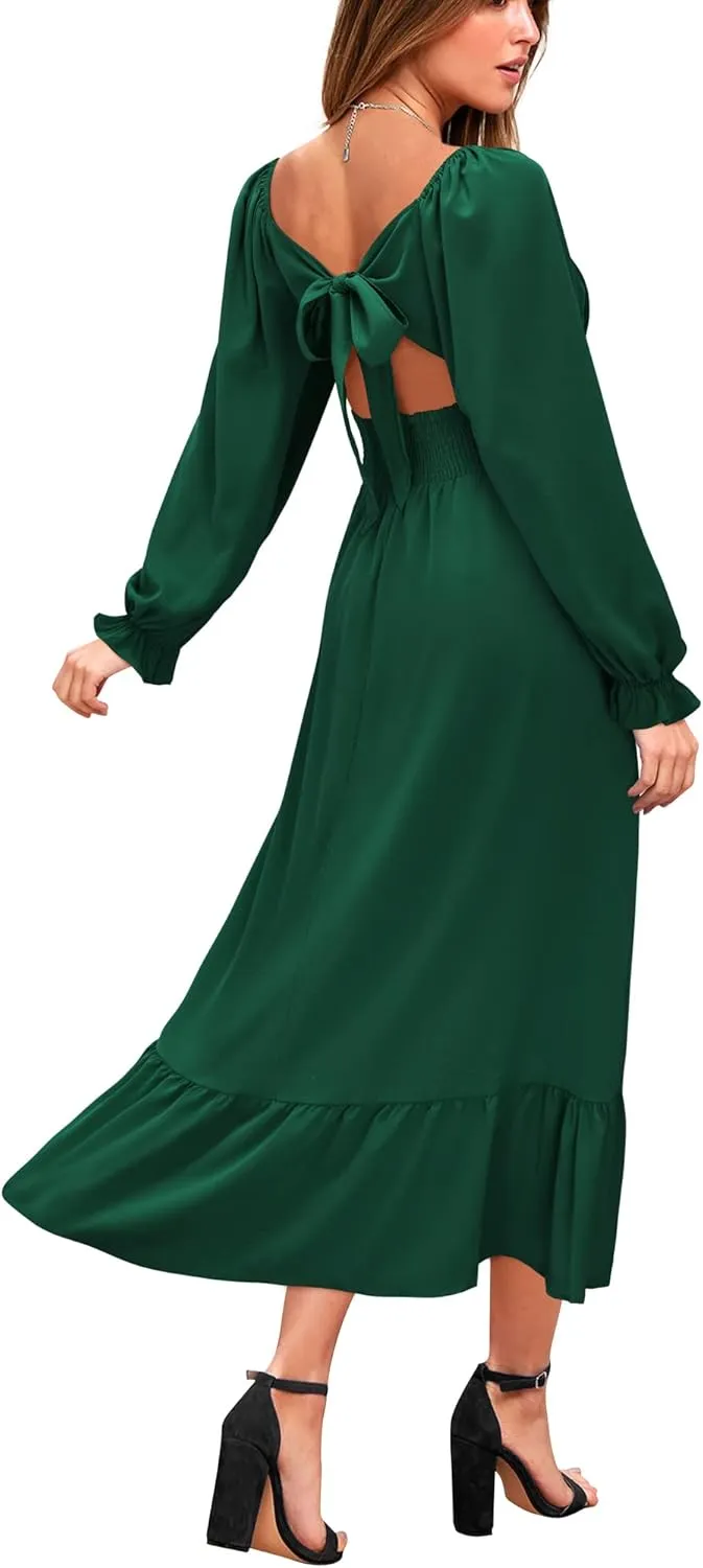 VOTEPRETTY Women's Puff Sleeve Bridal Shower Flowy Tie Back Long Dresses
