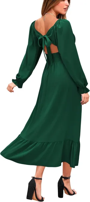VOTEPRETTY Women's Puff Sleeve Bridal Shower Flowy Tie Back Long Dresses