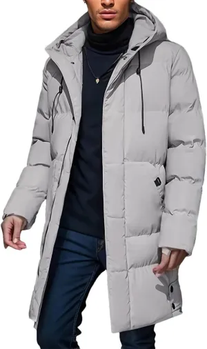 Warm Hooded Mid-Length Jacket Mens Casual Zip Up Cotton Padded Jacket Overcoat Autumn Winter Windbreaker Coats
