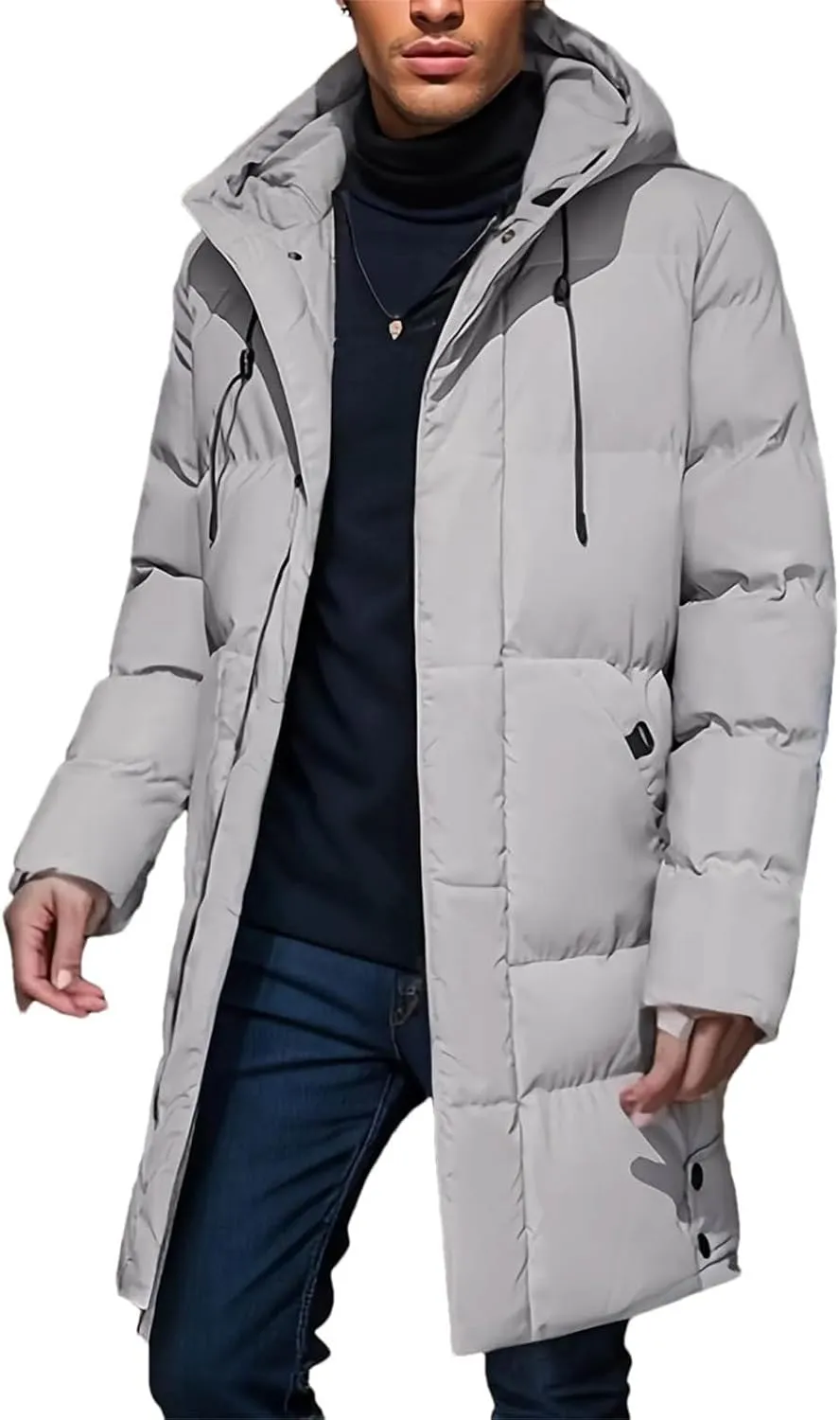 Warm Hooded Mid-Length Jacket Mens Casual Zip Up Cotton Padded Jacket Overcoat Autumn Winter Windbreaker Coats