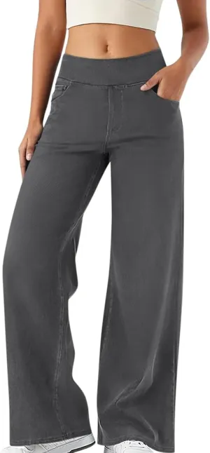 Wide Leg Jeans for Women Pull On High Waisted Tummy Control Pants Trendy Straight Leg Stretchy Baggy Jeans Denim Pant