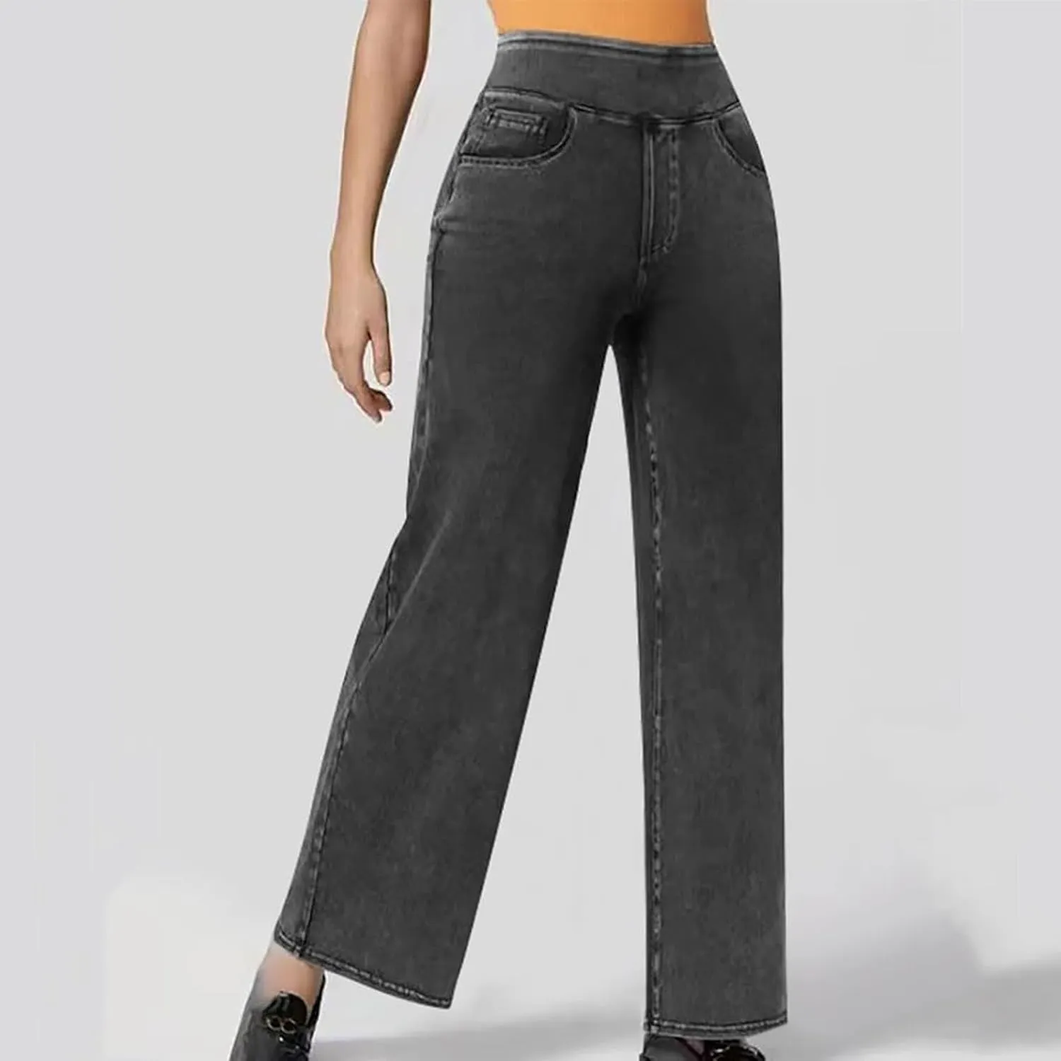 Wide Leg Jeans for Women Pull On High Waisted Tummy Control Pants Trendy Straight Leg Stretchy Baggy Jeans Denim Pant