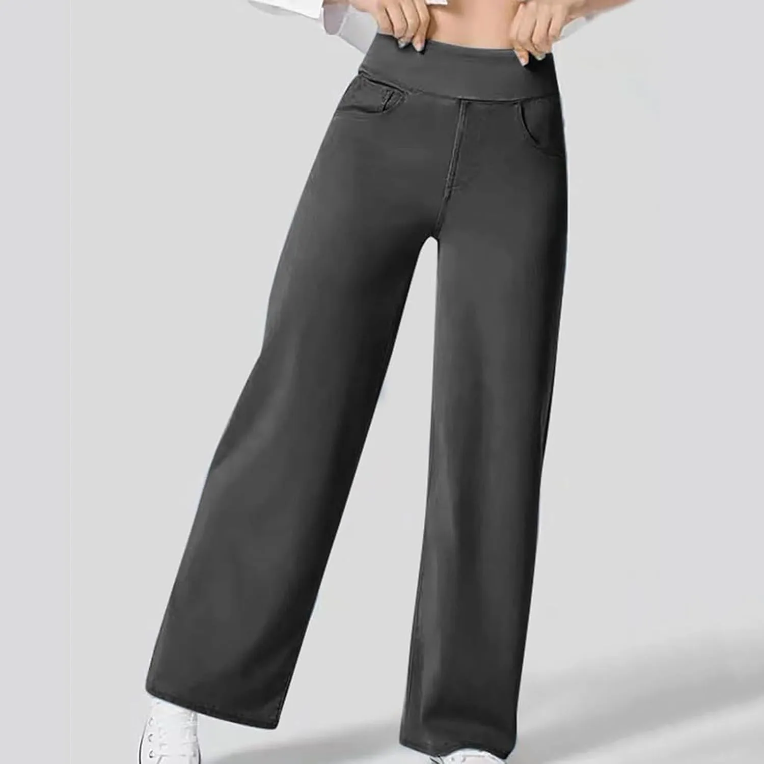 Wide Leg Jeans for Women Pull On High Waisted Tummy Control Pants Trendy Straight Leg Stretchy Baggy Jeans Denim Pant