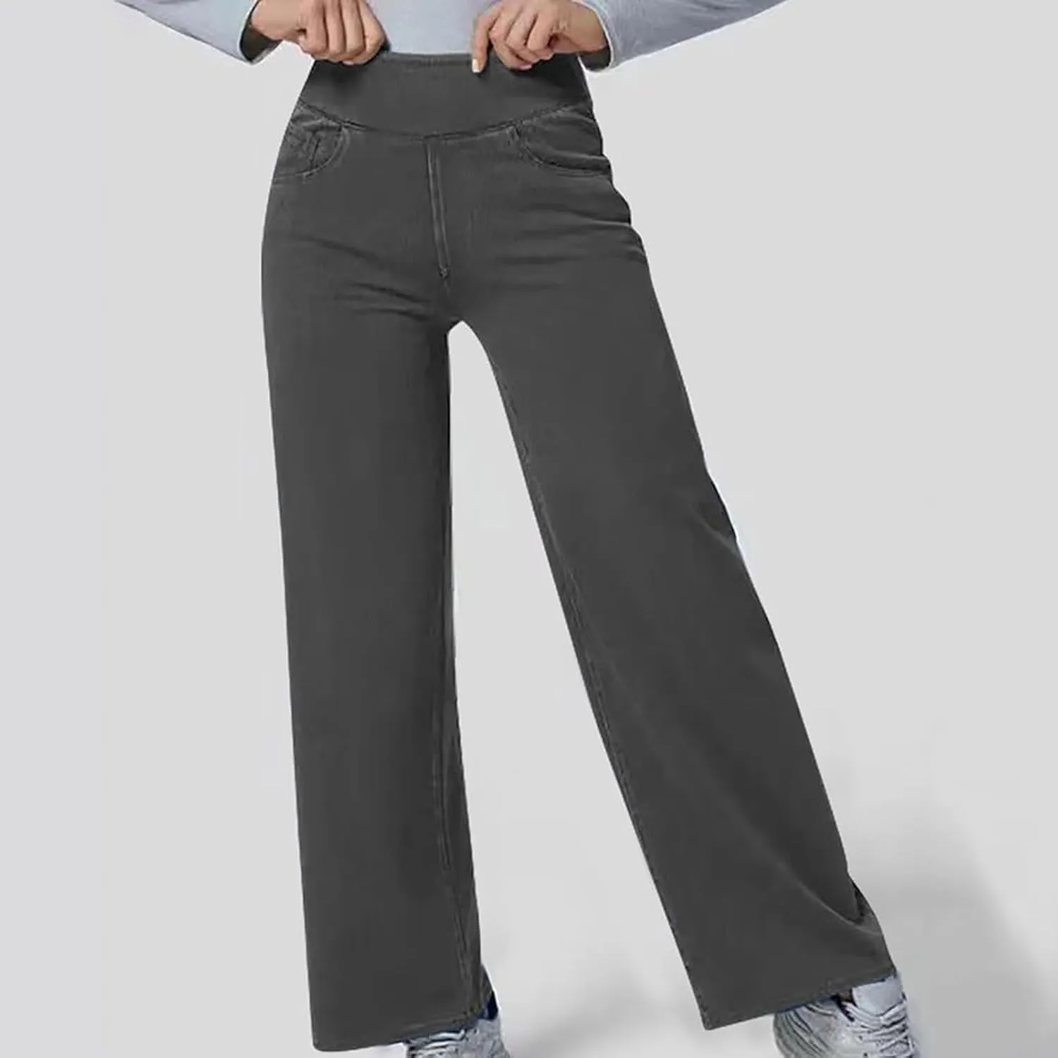 Wide Leg Jeans for Women Pull On High Waisted Tummy Control Pants Trendy Straight Leg Stretchy Baggy Jeans Denim Pant