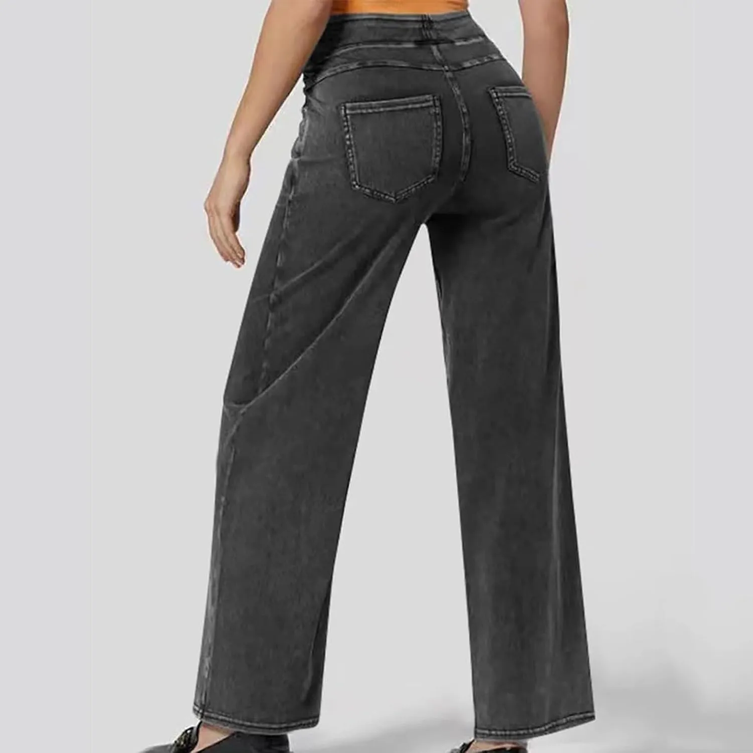 Wide Leg Jeans for Women Pull On High Waisted Tummy Control Pants Trendy Straight Leg Stretchy Baggy Jeans Denim Pant