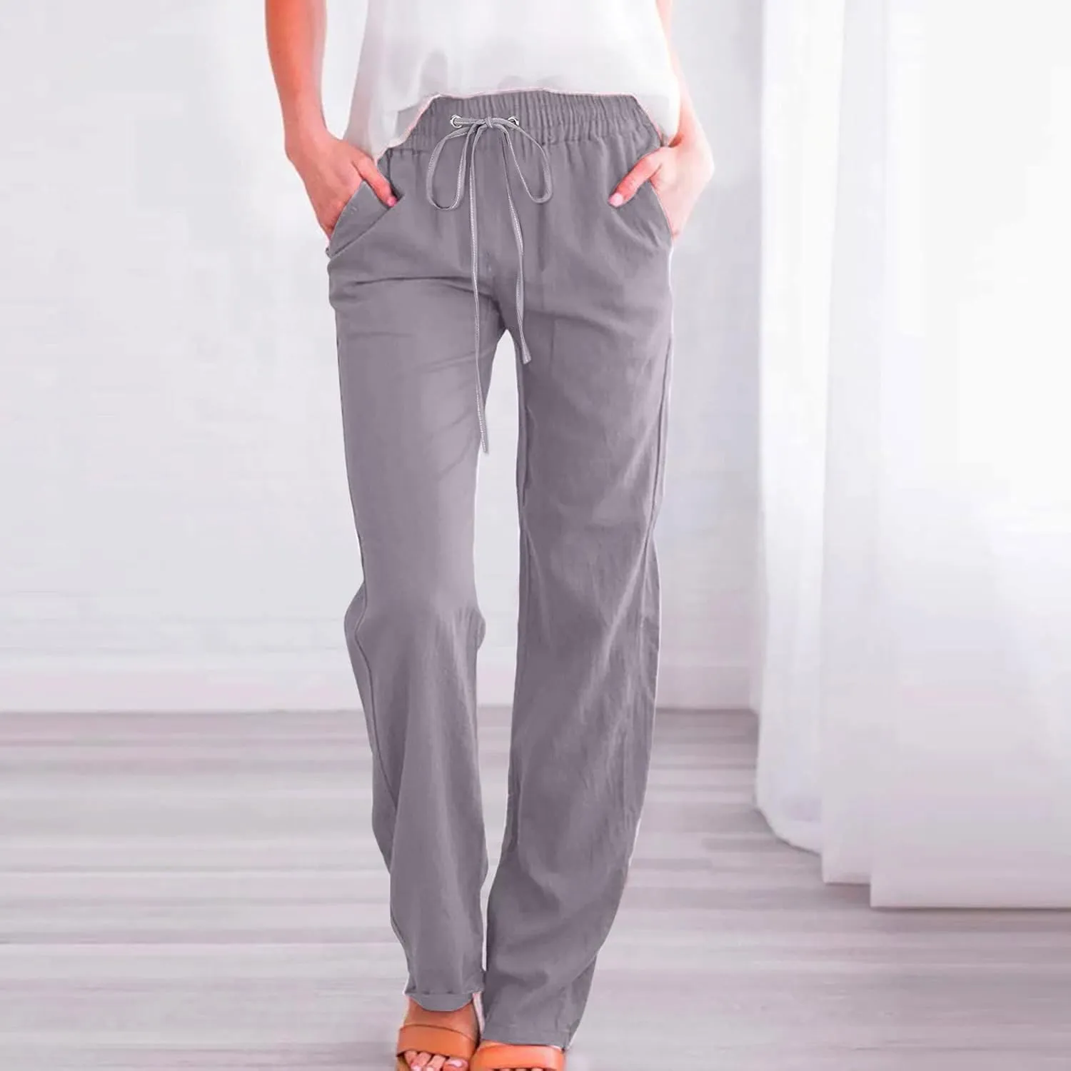 Wide Leg Pants Woman Cotton Linen Summer Pants Straight Leg Elastic Waist Trousers High Waisted Drawstring Pant 2025