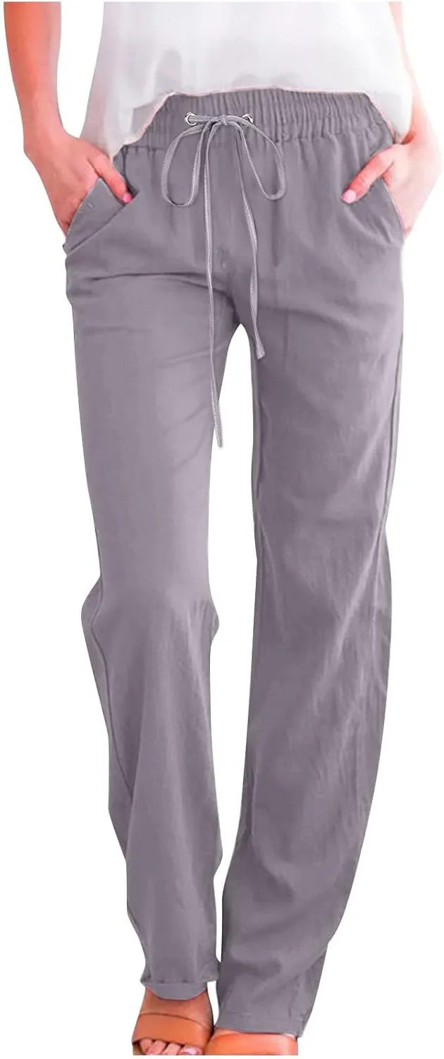 Wide Leg Pants Woman Cotton Linen Summer Pants Straight Leg Elastic Waist Trousers High Waisted Drawstring Pant 2025