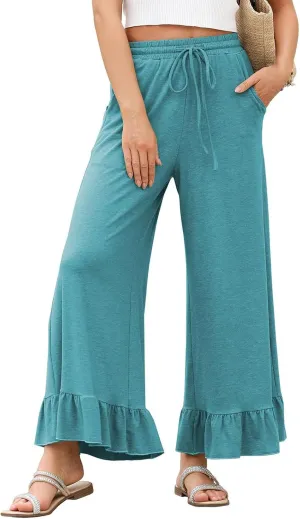Wide Leg Pants Woman Drawstring High Waisted Ruffle Hem Palazzo Pants Casual Flowy Beach Pants Culottes with Pockets