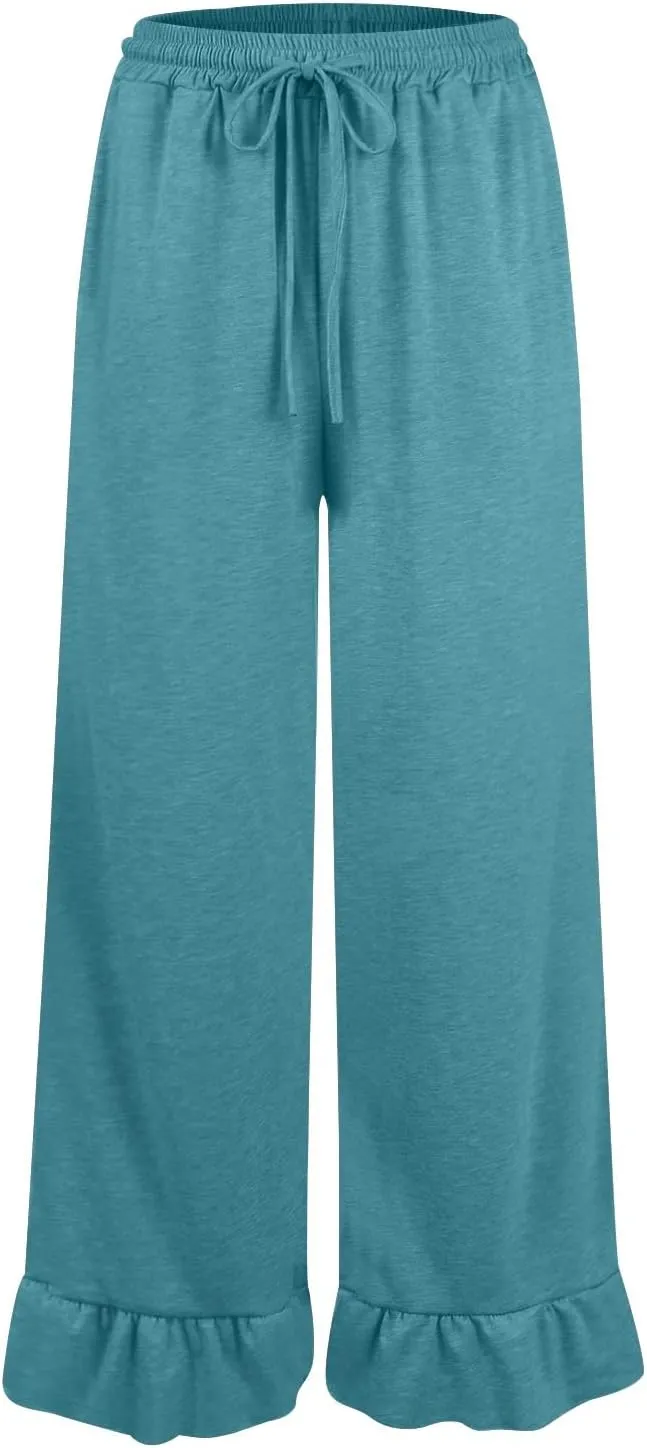Wide Leg Pants Woman Drawstring High Waisted Ruffle Hem Palazzo Pants Casual Flowy Beach Pants Culottes with Pockets
