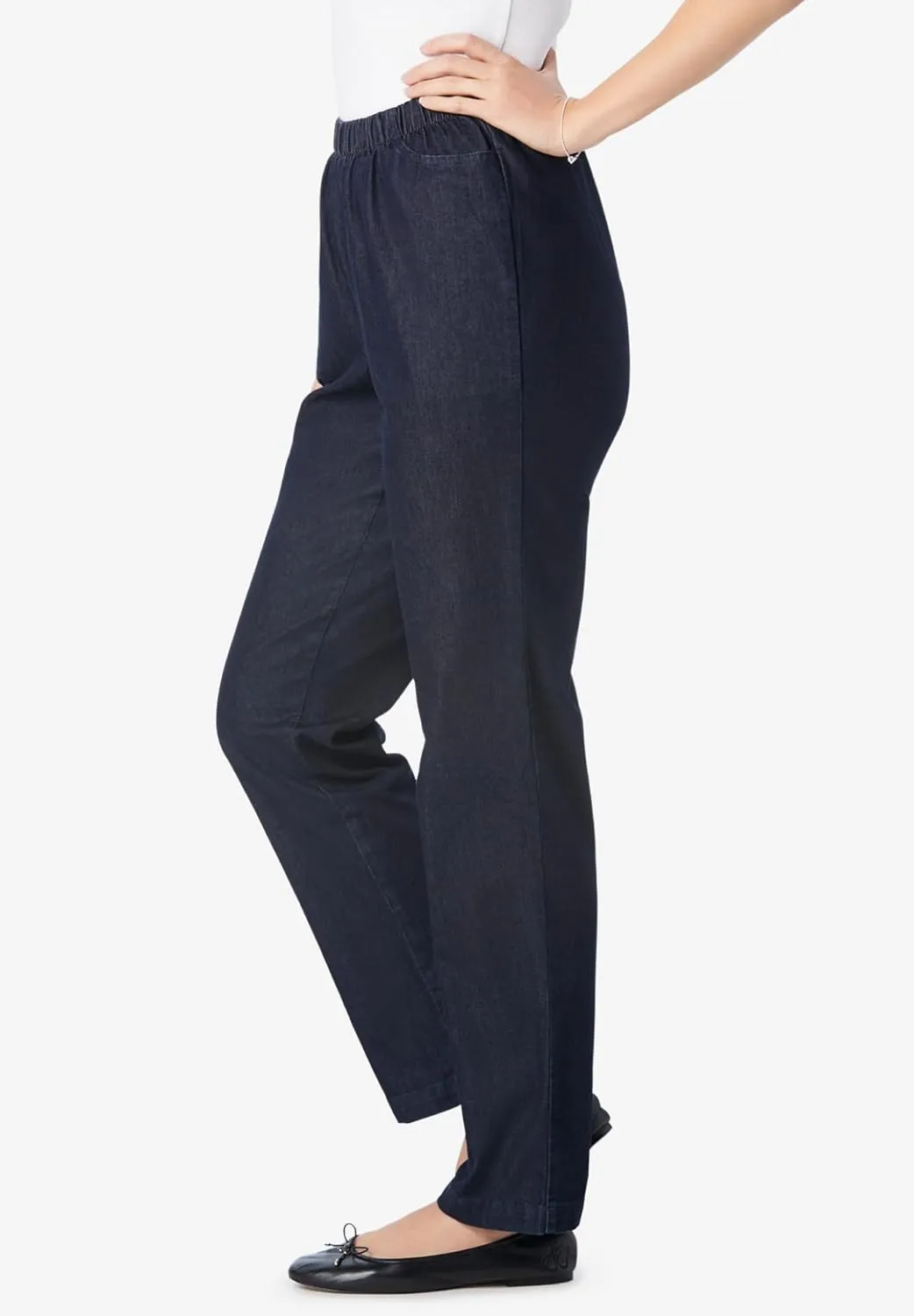 Woman Within Plus Size Straight Leg Elastic Waist Stretch Fineline Denim Jean (Petite & Tall Available)