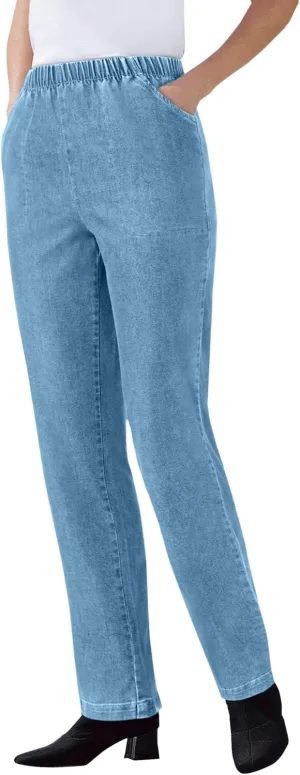 Woman Within Plus Size Straight Leg Elastic Waist Stretch Fineline Denim Jean (Petite & Tall Available)