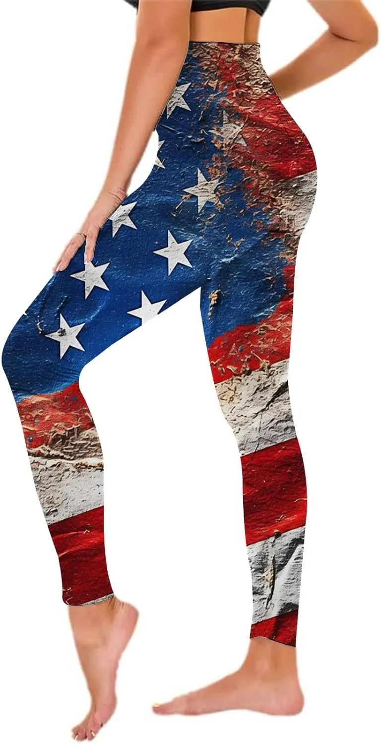 Women High Waist American Flag Leggings Seamless US Flag Patriotic Tights Slim Fit Running Sports Yoga Pants