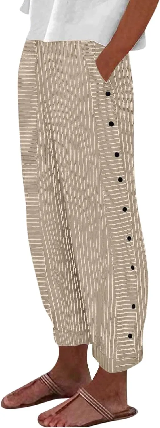 Women Linen Palazzo Pants Summer Boho Wide Leg High Waist Casual Lounge Pant Beach Travel Vacation Outfits