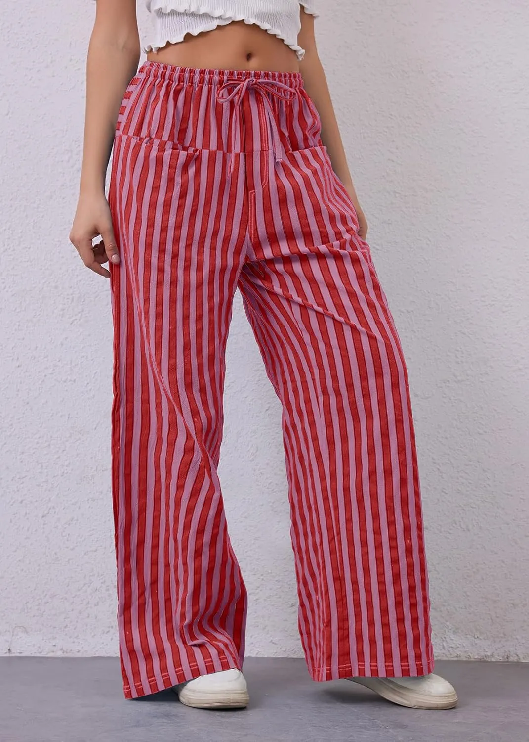 Women Loose Striped Wide Leg Pants Casual Drawstring Low Waist Pants Baggy Contrast Lounge Pants Straight Leg Trouser