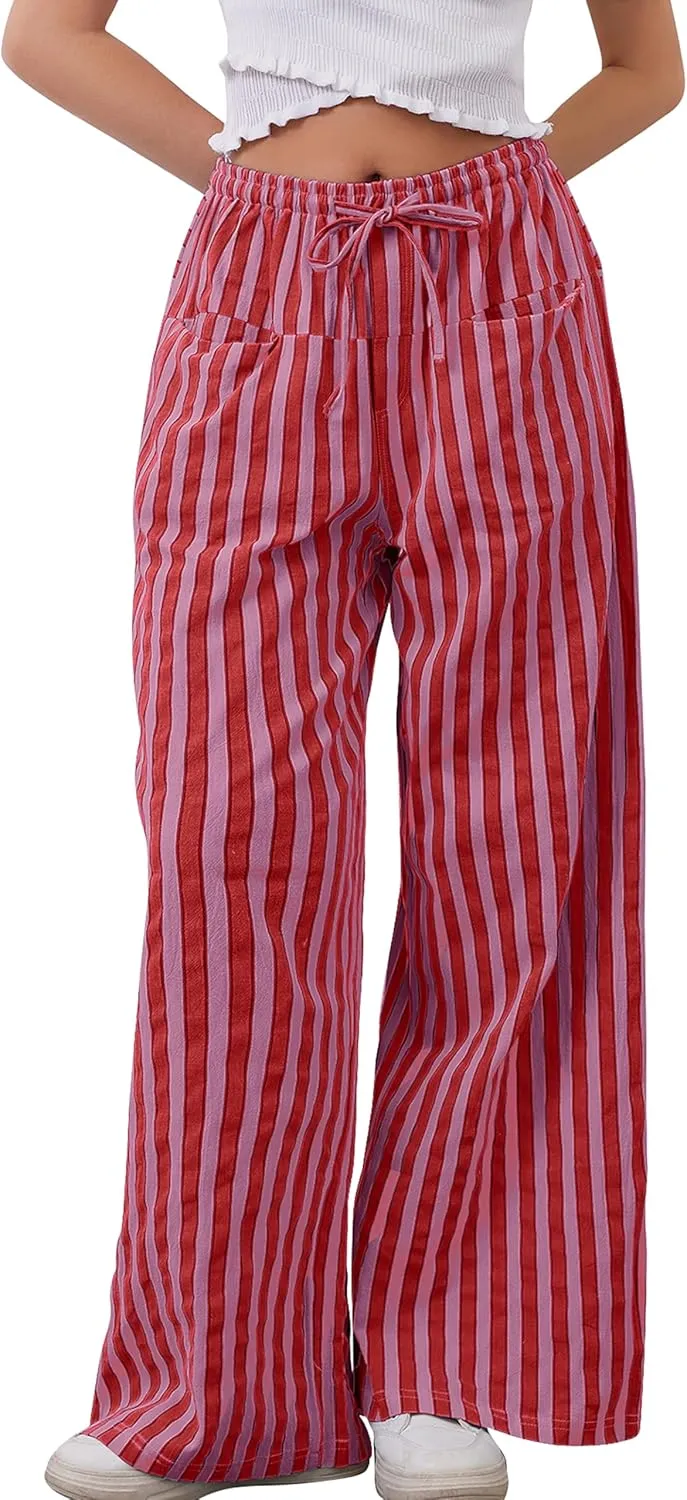Women Loose Striped Wide Leg Pants Casual Drawstring Low Waist Pants Baggy Contrast Lounge Pants Straight Leg Trouser