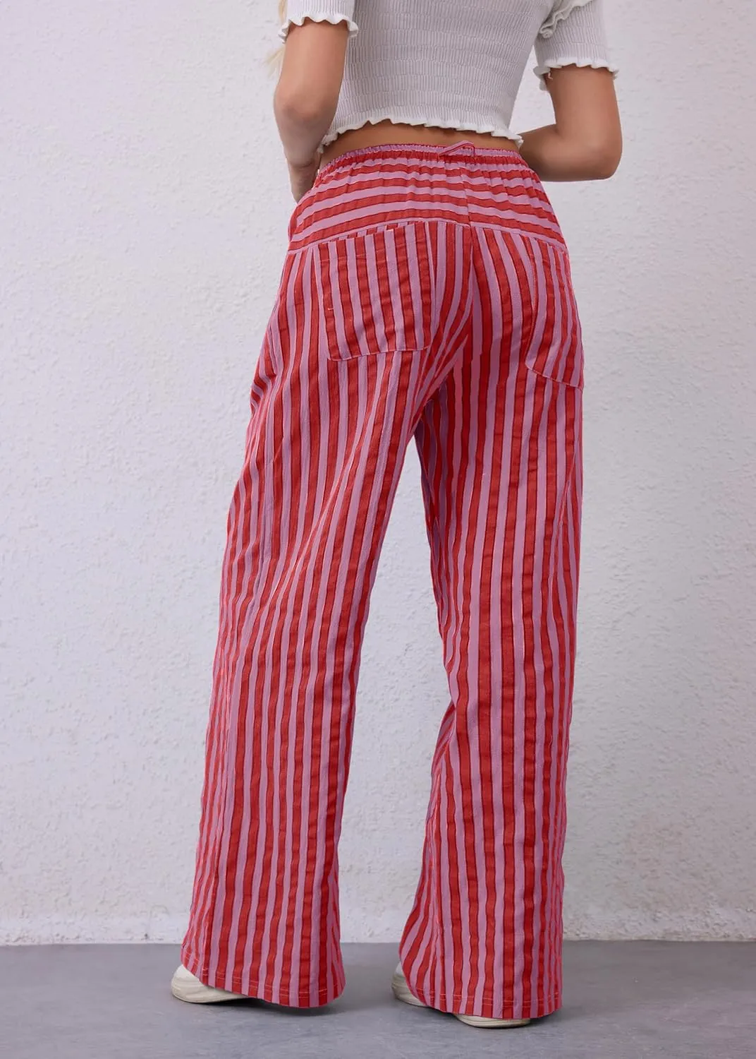 Women Loose Striped Wide Leg Pants Casual Drawstring Low Waist Pants Baggy Contrast Lounge Pants Straight Leg Trouser