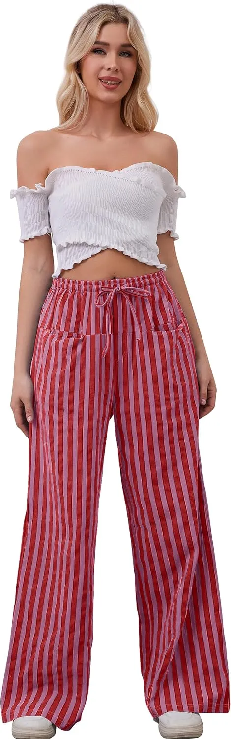 Women Loose Striped Wide Leg Pants Casual Drawstring Low Waist Pants Baggy Contrast Lounge Pants Straight Leg Trouser